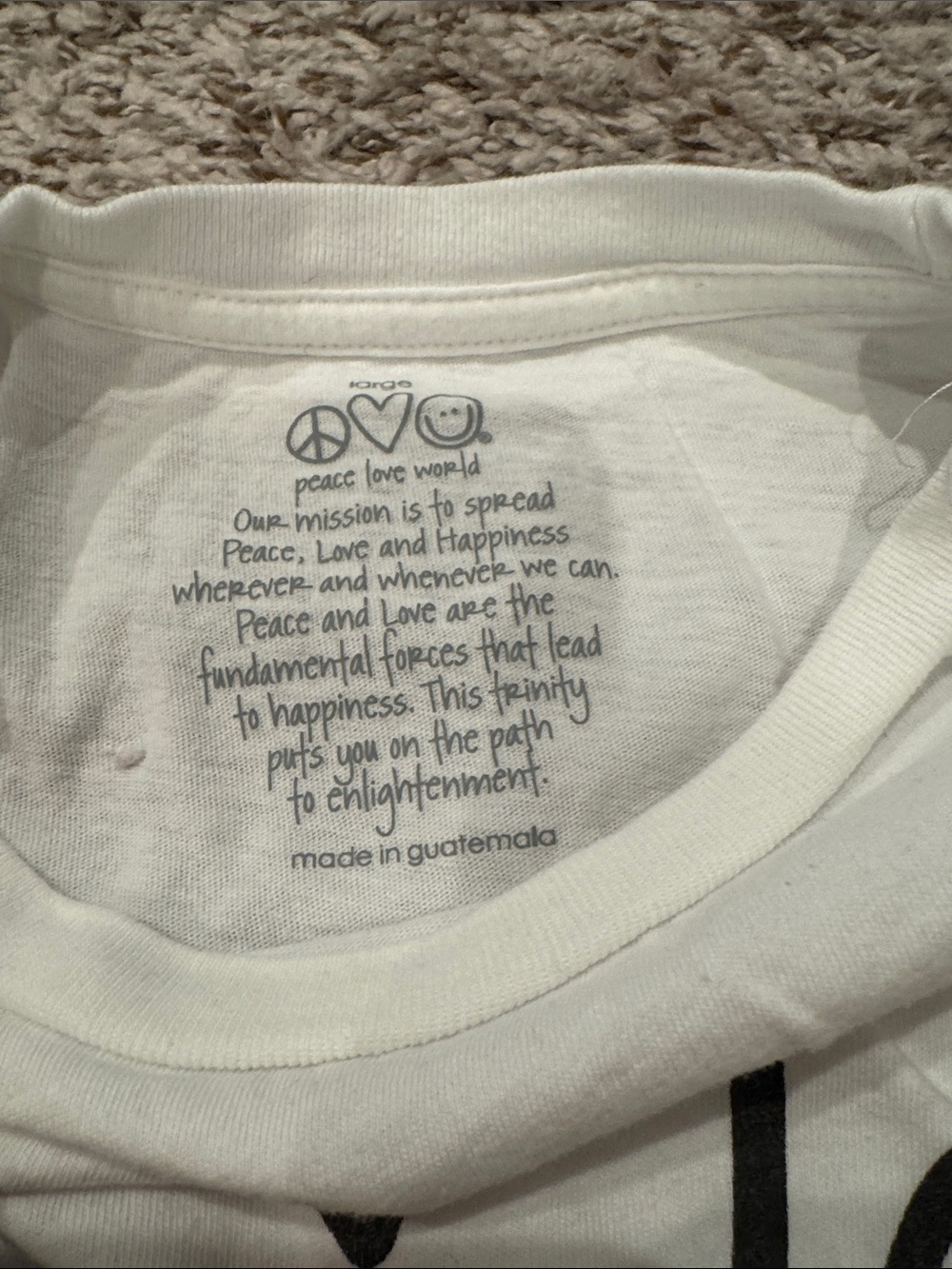 Peace Love World White Short Sleeve Tee with Black Peace Heart Smile Graphic - Picture 3 of 3